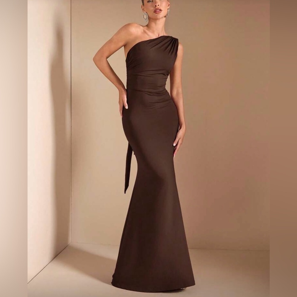 SHEIN Chocolate One-Shoulder Maxi Dress